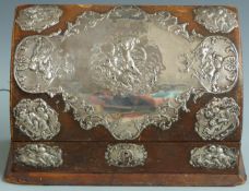 Edward VII hallmarked silver mounted leather desk top stationery box with embossed cherub