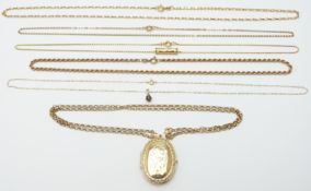 A 9ct gold locket and chain, 9ct gold rope twist necklace, two other 9ct gold necklaces, (20g) and