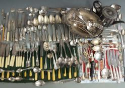 Six place setting canteen of silver plated Kings pattern cutlery, pieced pedestal bowl, further