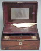 19thC rosewood writing box inlaid with mother of pearl, the fitted interior set with cut glass ink