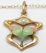 Art Nouveau 9ct gold pendant set with enamel and a seed pearl, in vintage box, 2g