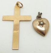 A 9ct gold cross pendant (3.2g) and a Victorian heart pendant set with a seed pearl