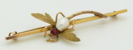 A 9ct gold brooch set with a pearl and a garnet in the form of a dragonfly, 2.9g
