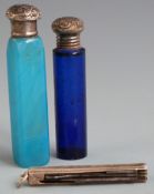 An aqua coloured agate scent bottle with embossed white metal top, length 8cm, blue glass scent