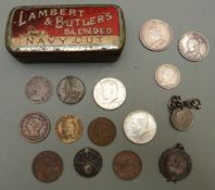 A small tin of coins and tokens to include Victorian half crown and florin, 1794 20 Soldi, Sardinia,