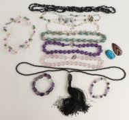 A pearl necklace, French jet necklace, agate pendant, amethyst beaded necklace, rose quartz