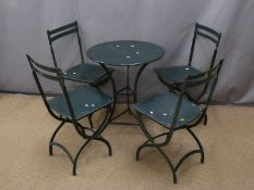 Set of four green metal folding garden chairs with table, diameter 60cm