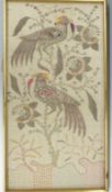 Gold thread and beadwork tapestry depicting birds of paradise, 100 x 53cm, framed and glazed
