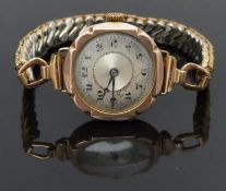 Swiss 9ct gold ladies wristwatch with blue Breguet hands, black Arabic numerals, silver dial and