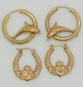 Two pairs of 9ct gold earrings one pair depicting the Claddagh symbol, 2g