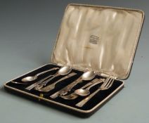 Cased set of six Art Deco hallmarked silver cake forks, Sheffield 1938 maker Cooper Brothers &