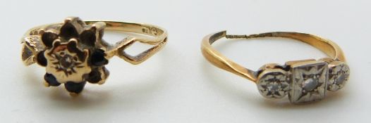 An 18ct gold ring set with three diamonds in a platinum setting, 1.6g and a 9ct gold ring, 1.4g