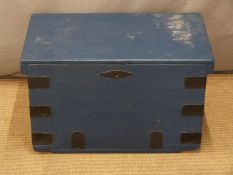 Metal bound 19thC painted wooden trunk, width 65cm