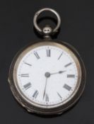 Hallmarked silver open faced pocket watch with black hands and Roman numerals, white enamel dial and
