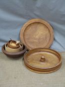 Collection of turned wood and treen items including including large elm charger, diameter 45cm,