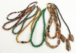 Eight agate necklaces including malachite, banded agate, etc