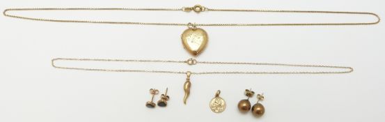 A 9ct gold back and front locket and two 9ct gold chains, 9ct gold earrings etc, 10.4g