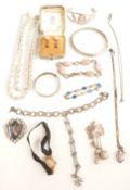 A collection of silver jewellery including bangle, necklaces, locket, Lotus pearl earrings, 9ct gold