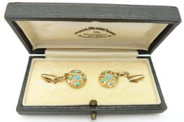 A pair of late Victorian cufflinks set with turquoise and seed pearls, 7.7g