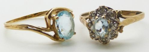 A 9ct gold ring set with an aquamarine and a 9ct gold ring set with an aquamarine and diamonds, 3.