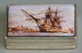 Hallmarked silver pill or similar box, the top set with an enamel scene of HMS Victory, width 6cm