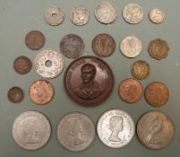 Greenock Burns Club bronze Victorian medallion and a quantity of world coinage including early 20thC