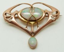 Art Nouveau/ Arts & Crafts 9ct gold brooch set with two opal cabochons by Barnet Henry Joseph