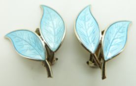 David Andersen, Norway silver leaf earrings set with blue enamel