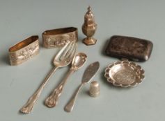 Collection of hallmarked silver and white metal items to include Victorian salt spoon, cigarette