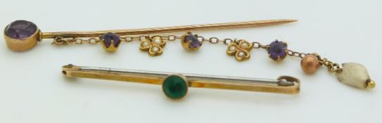Edwardian stick pin set with amethysts and seed pearls and a 9ct gold brooch