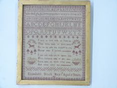 An early 19thC sampler of alphabet and verse by Elizabeth Stock, May 1st 1938, aged 11 years, 30 x