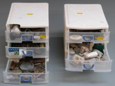Two small collector's drawer units containing various metal detecting finds etc, contents include