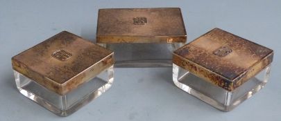 Set of three Asprey Art Deco hallmarked silver gilt lidded dressing table pots with engine turned