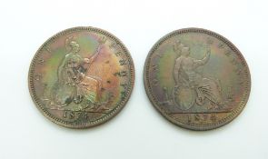 Victoria 1874 Heaton Mint young head penny TB with linear circles, toned GF-VF, together with