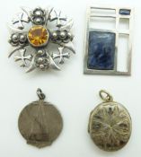 A silver brooch, Art Deco silver locket, white metal pendant set with sodalite and a Victorian