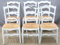 Set of six rush seated white painted chairs