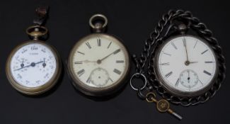 Two hallmarked silver open faced pocket watches both with subsidiary dials, gold hands, black