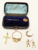 A 9ct gold cross, 9ct gold ring, pair of 9ct gold earrings and a 9ct gold stick pin in original box,