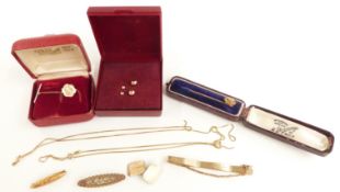 A 15ct gold stick pin set with a diamond in original Bristol box, 9ct gold chain, 9ct gold brooch