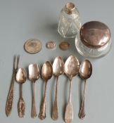 Five hallmarked silver spoons including Irish example and two white metal examples, weight 87g