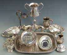 Silver plated ware to include large tray, length 46cm, tankard, pair of greyhounds and a large