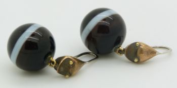 A pair of Victorian and banded agate earrings suspended on stylised snake head hangers