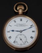 Kendal and Dent gold plated keyless winding open faced pocket watch with inset subsidiary seconds