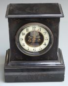 French slate 19thC mantel clock with J M Scarrett & Co, Paris to dial, ivory coloured Arabic chapter