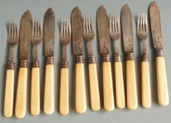 Six place setting fish eater set comprising six each forks and knives, Sheffield 1906 maker