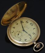 Junghans gold plated keyless winding full hunter pocket watch with subsidiary seconds dial, blued
