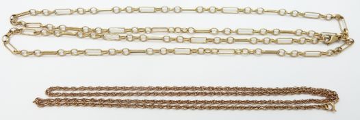 Two 9ct gold necklaces one made up of elongated and oval links, 23.3g