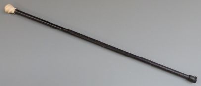 19th/20thC walking stick with wrythen ivory knop handle and white metal collar marked '800' length
