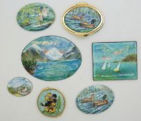Seven enamel plaques painted with country scenes, ducks, fairies and flowers