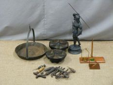 Two cast iron component holders, hanging frying pan, cobblers tools, set of post office scales and a